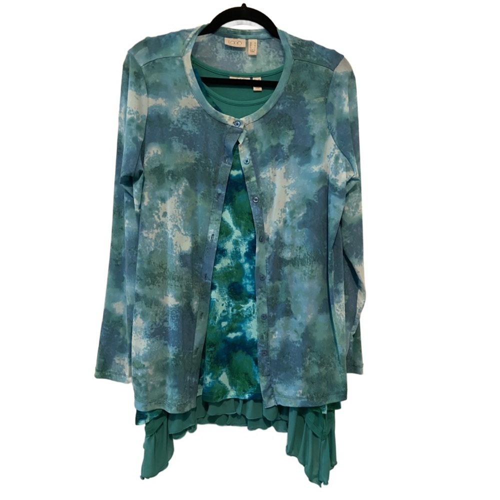 LOGO by Lori Goldstein Tie Dye 3 Piece Set 2 Tanks & Cardigan Green Size M